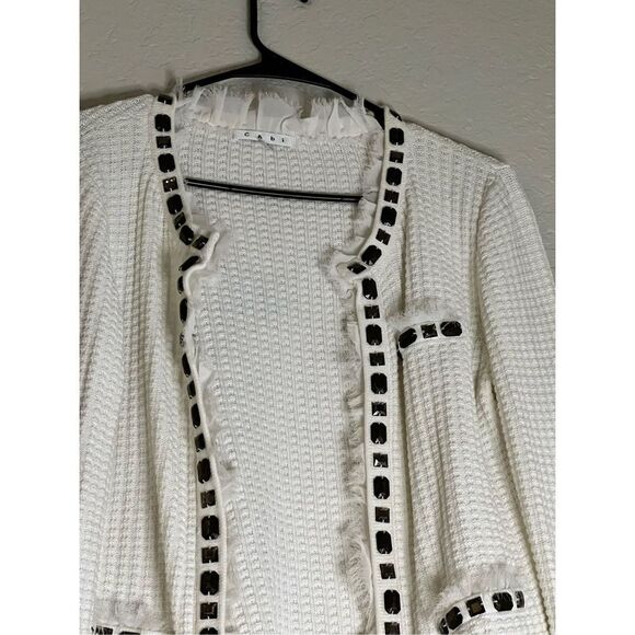 Cabi Cardigan Sweater Womens M Ivory Gabrielle #284 Beaded Ruffles Waffle Knit - Picture 5 of 7